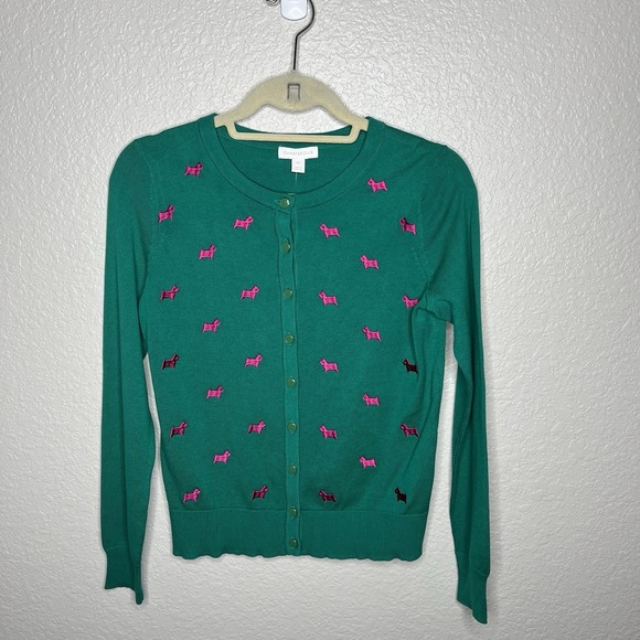 Women's XS Button Up Cardigan Sweater Scotty Dog Green Cotton Lightweight Preppy - Picture 2 of 13
